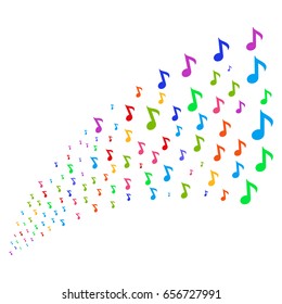 Stream of musical note symbols. Vector illustration style is flat bright multicolored iconic musical note symbols on a white background. Object fountain constructed from symbols.