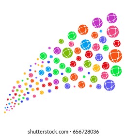 Stream of network symbols. Vector illustration style is flat bright multicolored iconic network symbols on a white background. Object fountain done from pictograms.