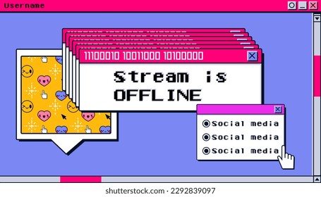 Stream is offline twitch background banner layout. Y2k creative retro design with window bug and social media button. Streamer broadcast video overlay template. Gamer screen cover for website