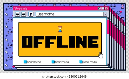 Stream is offline twitch background banner layout. Y2k creative retro design with window bug and social media button. Streamer broadcast video overlay template. Gamer screen cover for website