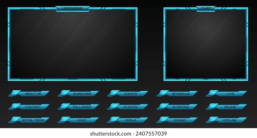 Stream Overlay Futuristic Neon Blue Webcam Frame and Stream Alert Screen GUI Panels for Gaming and Video Streaming Platforms