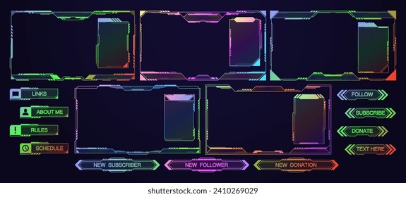 Stream Overlay, Mmo Game Menu, Neon Space Ui Frames Vector Set. Streaming Screens, Gamer Username Panels And Buttons
