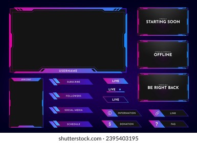 Stream overlay panel design template. Futuristic digital streaming screen interface. Live video, online game stream. Vector illustration