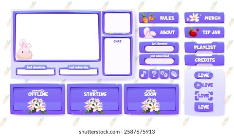 Stream overlay set with purple frames and cute spring elements - bunny mascot, daisy flowers, strawberry and carrot icons. Screen layouts of donation alerts, chat box, live status for gaming broadcast