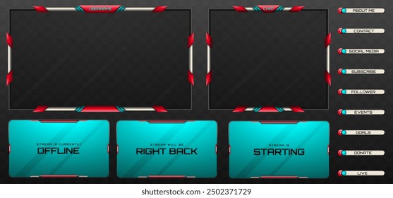 Stream Overlay Webcam Screen Frame and Stream Alert GUI Panels in Teal, Red and Metallic Black for Gaming and Live Video Streaming Platforms