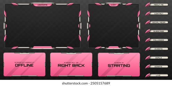 Stream Overlay Webcam Screen Frame and Stream Alert GUI Panels in Pink, Silver and Metallic Black for Gaming and Live Video Streaming Platforms