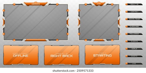 Stream Overlay Webcam Screen Frame und Stream Alert GUI Panels in Orange, Silber und Metallic Schwarz für Spiele und Live-Video-Streaming-Plattformen