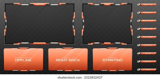 Stream Overlay Webcam Screen Frame and Stream Alert GUI Panels in Metallic Black, Silver, and Coral Color Theme for Gaming and Live Video Streaming Platforms