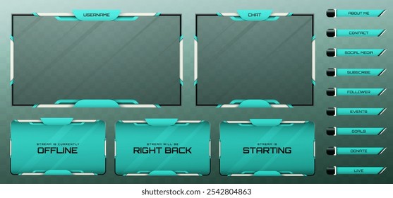 Stream Overlay Webcam Screen Frame and Stream Alert GUI Panels in Metallic Black, Silver, and Turquoise Blue Color Theme for Gaming and Live Video Streaming Platforms