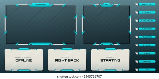 Stream Overlay Webcam Screen Frame and Stream Alert GUI Panels in Metallic Black, Silver, and Cyan Color-Themed for Gaming and Live Video Streaming Platforms