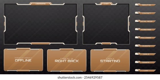 Stream Overlay Webcam Screen Frame e Stream Alert GUI Panels em Preto Metálico, Prata e Bege com tema de cores para jogos e plataformas de transmissão de vídeo ao vivo