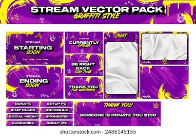 Stream panel screen vector pack. Streaming screen gamer overlay vector pack in graffiti style.