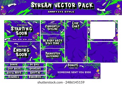 Stream panel screen vector pack. Streaming screen gamer overlay vector pack in graffiti style.