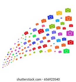 Stream of photo camera icons. Vector illustration style is flat bright multicolored iconic photo camera symbols on a white background. Object fountain constructed from design elements.