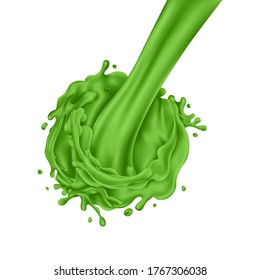 Stream of pouring green juice on a white background