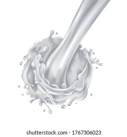 Stream of pouring milk on a white background