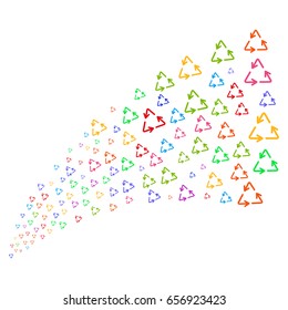 Stream of recycle triangle symbols. Vector illustration style is flat bright multicolored iconic recycle triangle symbols on a white background. Object fountain done from symbols.