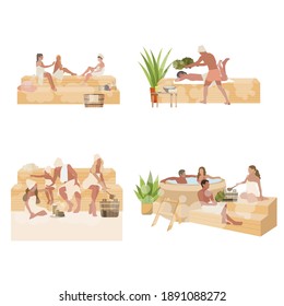 Stream room and bathhouse, sauna spa, woman and man relax, wooden interior spa public, people healthcare in bathroom, finnish and russian. Vector illustration