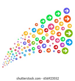 Stream of rounded arrow icons. Vector illustration style is flat bright multicolored iconic rounded arrow symbols on a white background. Object fountain created from symbols.