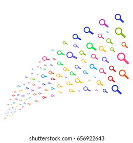 Stream of search symbols. Vector illustration style is flat bright multicolored iconic search symbols on a white background. Object fountain organized from design elements.