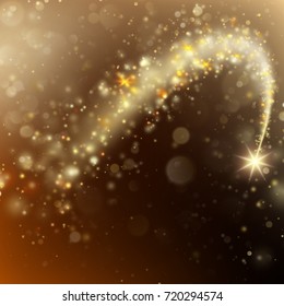 Stream of sparkling fire glitters, particle trail. Glittering bokeh star dust tail. And also includes EPS 10 vector