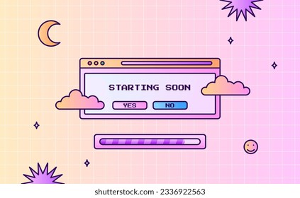 Stream starting soon offline screen ui layout modern pink purple gradient with cloud and window interface for gaming or streaming