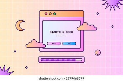 Stream starting soon offline screen ui layout modern pink purple gradient with cloud and window interface for gaming or streaming