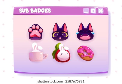 Stream subscriber badges set - black cat emotions with paw print, teacup bunny, strawberry rabbit mascot, glazed donut icons. Pink and purple channel reward emotes for gaming community levels.