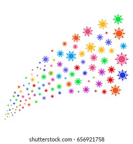 Stream of sun icons. Vector illustration style is flat bright multicolored iconic sun symbols on a white background. Object fountain created from symbols.