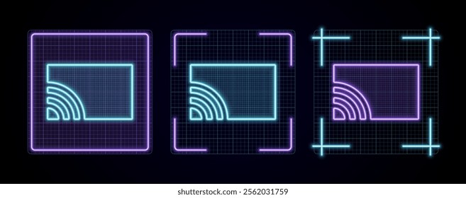 Stream to tv icon illustration, cyber neon visual, glowing border grid vector.