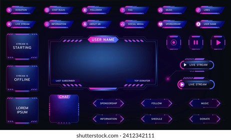 Iconos del juego de doble tono. Botones y marco del panel de superposición. Diseño de interfaz futurista. Transmisión en vivo. Etiqueta de usuario neón. El borde del nombre moderno se resplandece en el ciberespacio. Barra de menús de Streamers. Conjunto de elementos digitales de la interfaz de usuario del vector