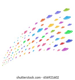 Stream of ufo icons. Vector illustration style is flat bright multicolored iconic ufo symbols on a white background. Object fountain created from pictograms.