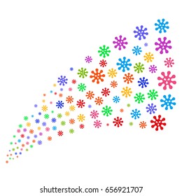 Stream of virus symbols. Vector illustration style is flat bright multicolored iconic virus symbols on a white background. Object fountain created from icons.