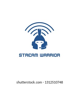 Stream warrior knight logo symbol icon with knight armor helmet stream headphone and wireless signal icon