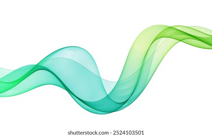 Stream of wavy green transparent lines. Abstract transparent wave.