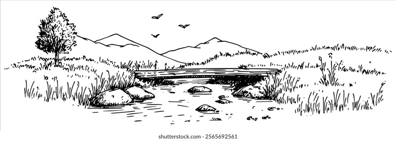 stream with wooden bridge and mountains in background illustration