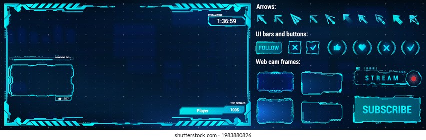 Streamdps constructor. Overlay futuristic frame for broadcast. Frame on the contour of the screen and webcam in HUD style. Stream dps UI, UX and GUI. Overlay broadcast box - Donates, windows, buttons