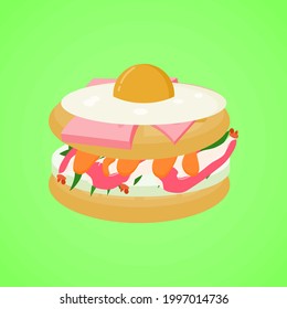 streamed crab with orange sauce pancake sandwich covered with ham and fried eggs isolated on green background, culture food vector illustration design.