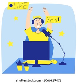 Streamer boy enjoys at the victory and shouts Yes. Concept video game streamer in a flat style. Vector illustration.