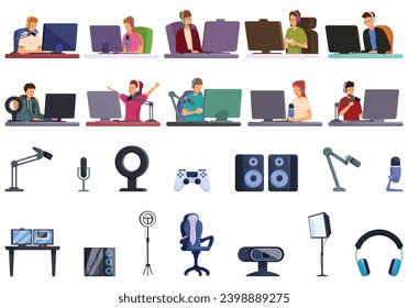 Streamer character icons set cartoon vector. Game video computer. Channel process media