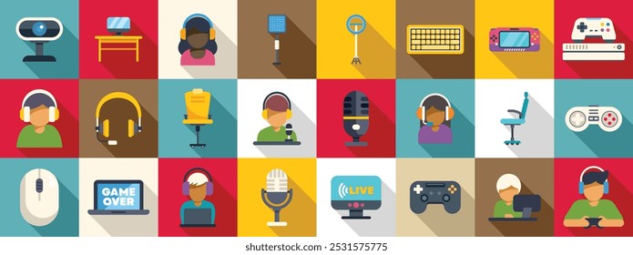 Streamer character icons set. Colorful icons representing different devices and accessories used by gamers and streamers