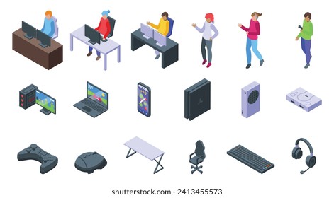 Streamer character icons set isometric vector. Game video play. Online personal computer