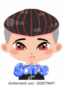 streamer with expression Sorry , cute cartoon character illustration for sticker, emote, twitch, discord and etc