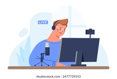 Streamer guy concept. Man sits at computer in headphones with microphone. Popular blogger and cybersportsman, gamer. Online broadcast. Cartoon flat vector illustration isolated on white background