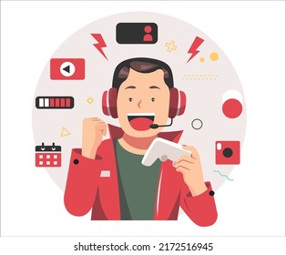 streamer icon man playing game sketch cartoon design vectors