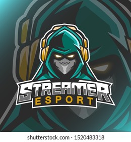 Streamer Logo Mascot Vector Illustration with Headphones