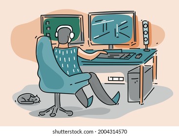 Streamer playing the game. Vector illustration with gamer and computer.