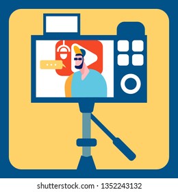 Streamer Recording Video Flat Color Illustration. Guy in Sunglasses and Peaked cap Cartoon Character. Video Content Creation Process. Young Vlogger Streaming, Camera on Tripod. Online Show Stream