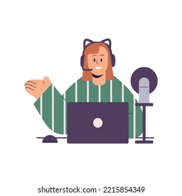 Streamer recording video, sitting at laptop in headset with microphone. Girl streaming online. Blogger in headphones at live broadcast. Flat graphic vector illustration isolated on white background