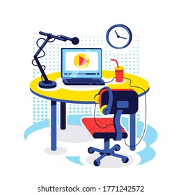 Streamer Setup Flat Concept Vector Illustration. Desk With Equipment To Broadcast Video. Content Creator Table. Vlogger Workplace 2D Cartoon Object For Web Design. Blogger Workspace Creative Idea